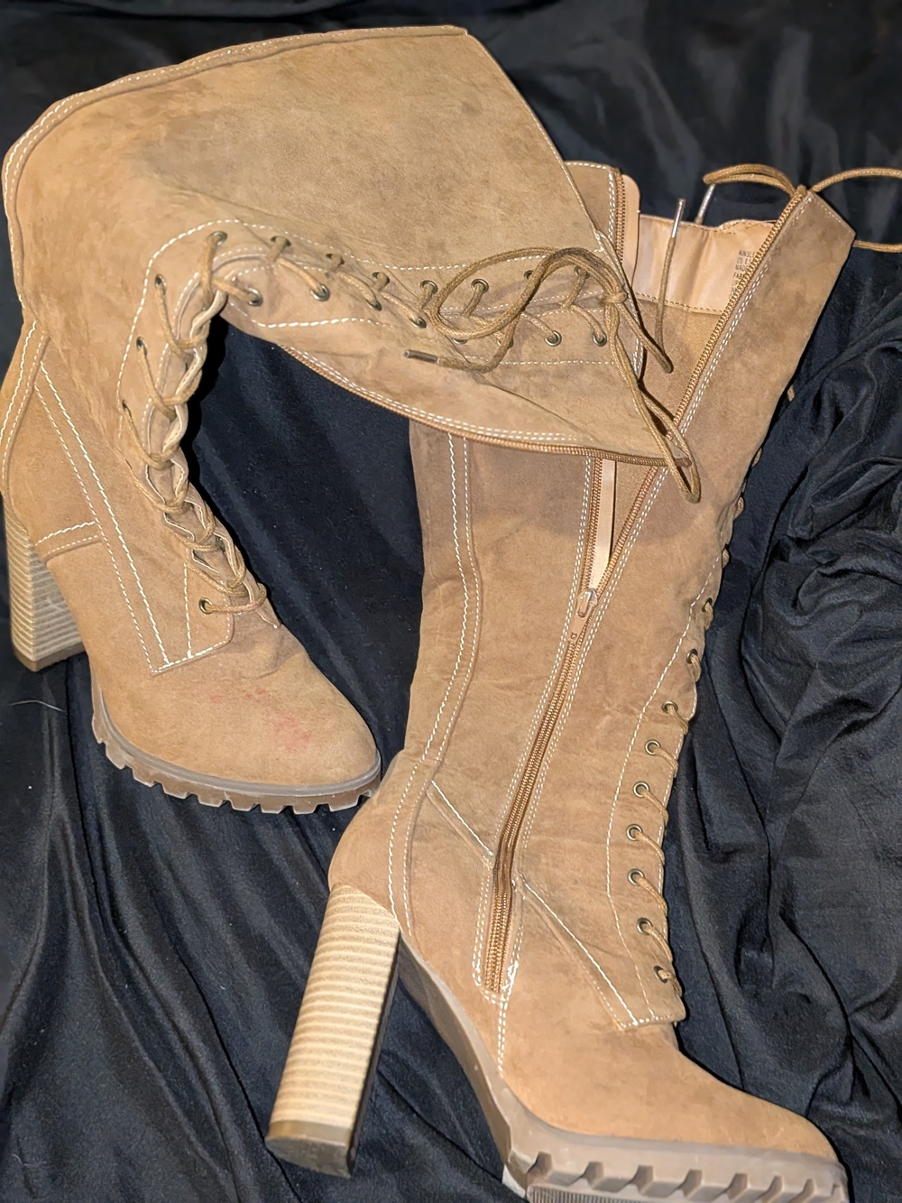 Ainsley Tan Lace-Up Chunky Heel Knee Boots